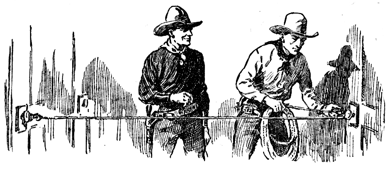 Two cowboys tie a rope between doorknobs.