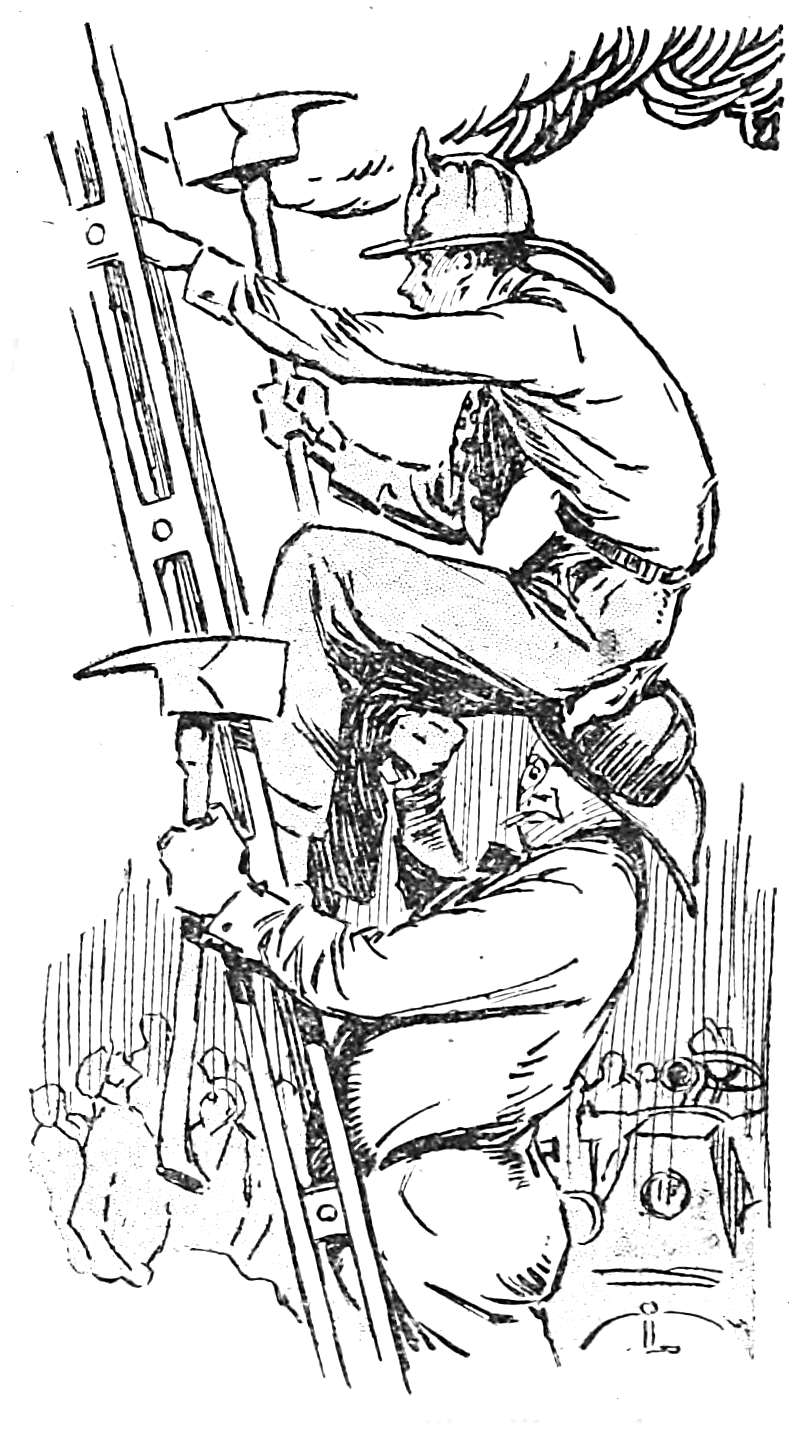two amateur firefighters on a ladder